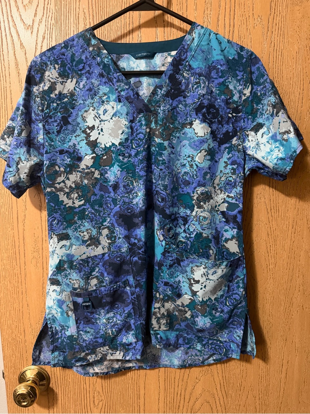 Carhartt Women's Teal Blue Floral Print Scrub Top